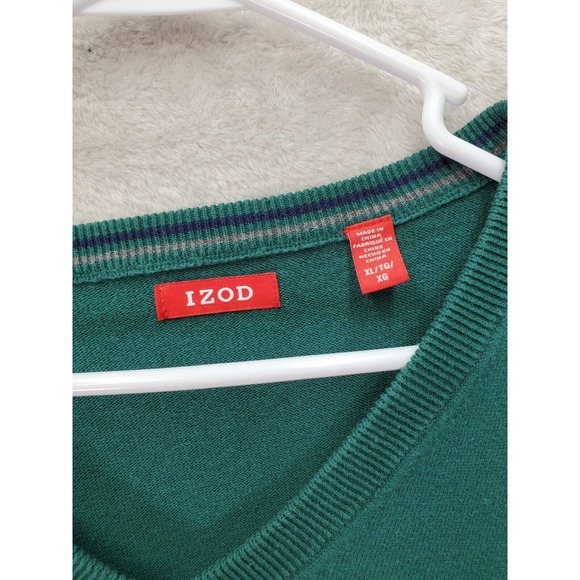 IZOD Sweater Mens Size XL Green Knit 100% Cotton Long Raglan Sleeve V‎ Neck Logo - Picture 8 of 9